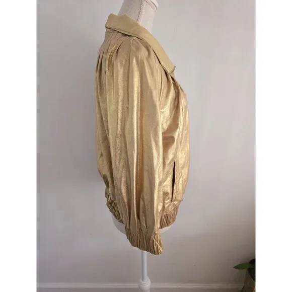St John Gold Metallic Lambs Leather Silk 80s Retro Shimmer Bomber Zip Jacket M